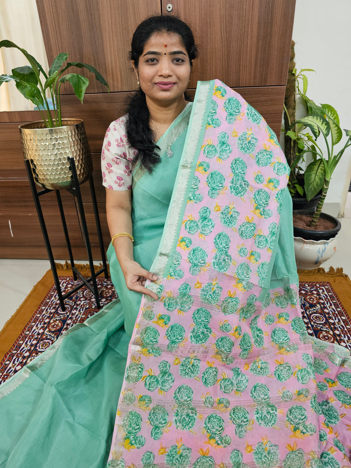 Handwoven Mangalagiri Pattu Saree with Digital Prints  - Sea Green with Pink