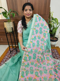 Handwoven Mangalagiri Pattu Saree with Digital Prints  - Sea Green with Pink