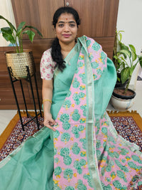 Handwoven Mangalagiri Pattu Saree with Digital Prints  - Sea Green with Pink