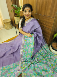 Handwoven Mangalagiri Pattu Saree with Digital Prints  - Lavender with Sea Green