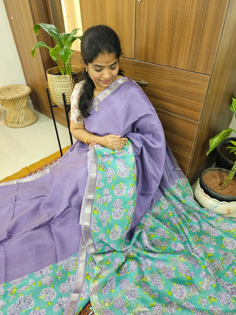 Handwoven Mangalagiri Pattu Saree with Digital Prints  - Lavender with Sea Green
