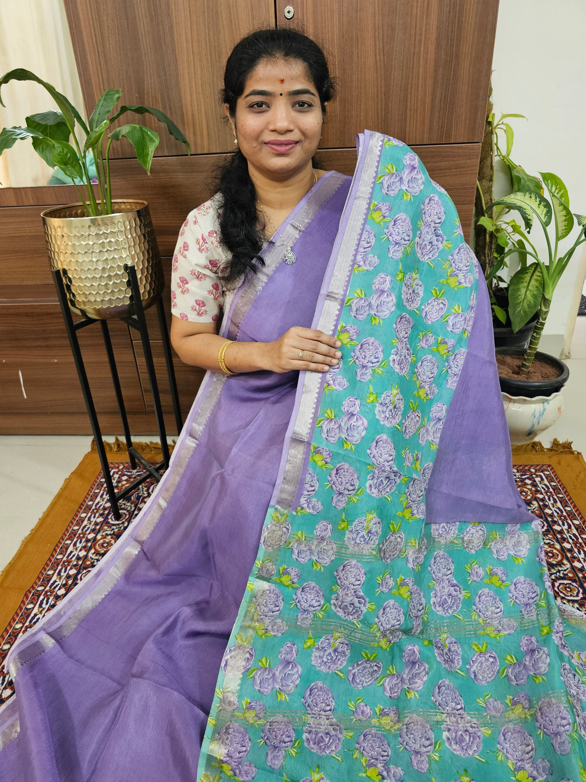 Handwoven Mangalagiri Pattu Saree with Digital Prints  - Lavender with Sea Green