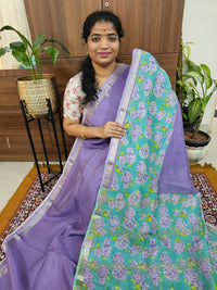 Handwoven Mangalagiri Pattu Saree with Digital Prints  - Lavender with Sea Green