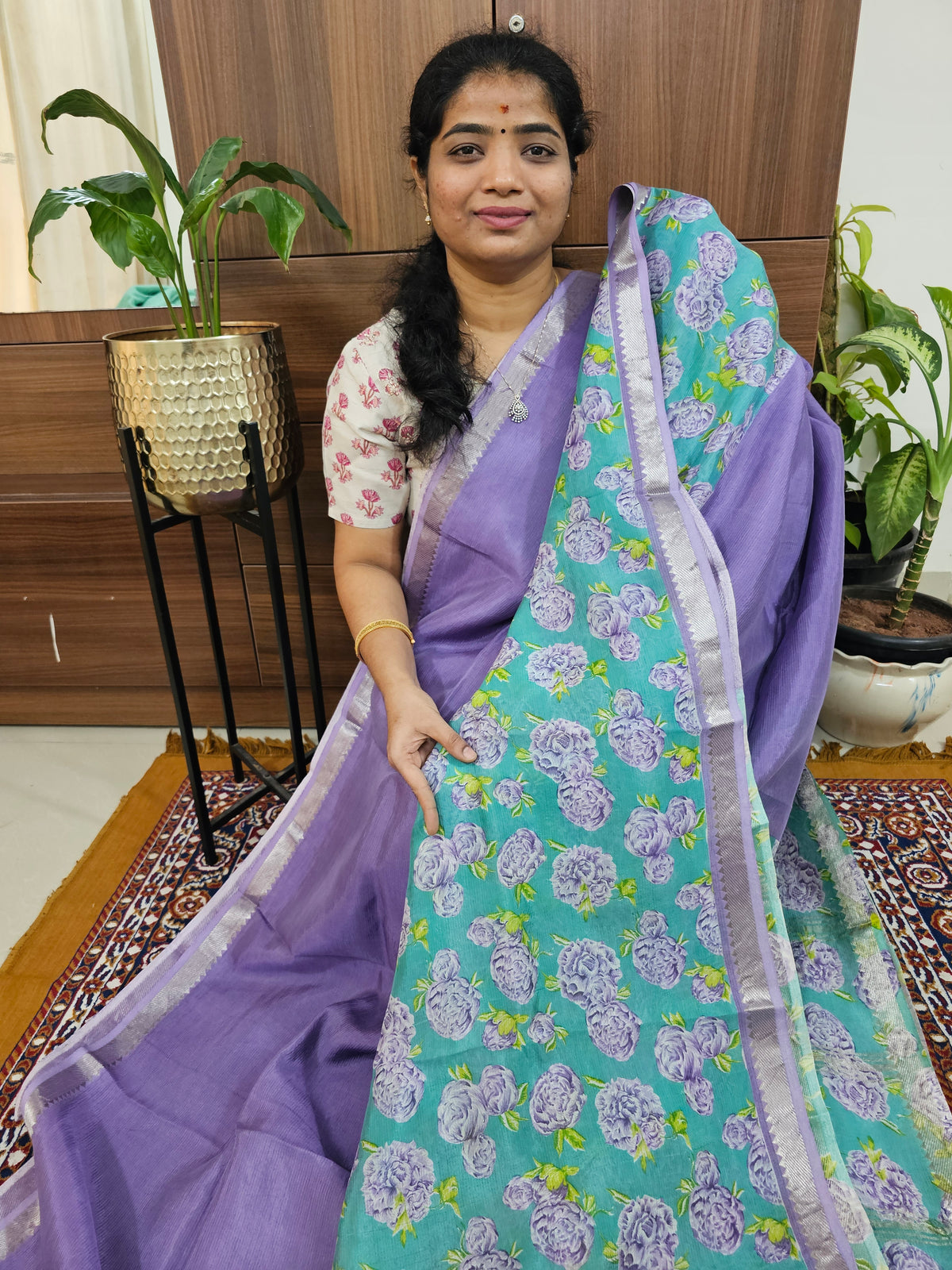 Handwoven Mangalagiri Pattu Saree with Digital Prints  - Lavender with Sea Green