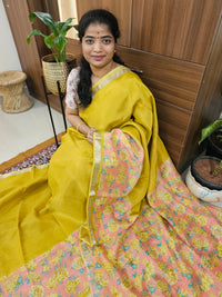 Handwoven Mangalagiri Pattu Saree with Digital Prints  - Mango Yellow with Peach