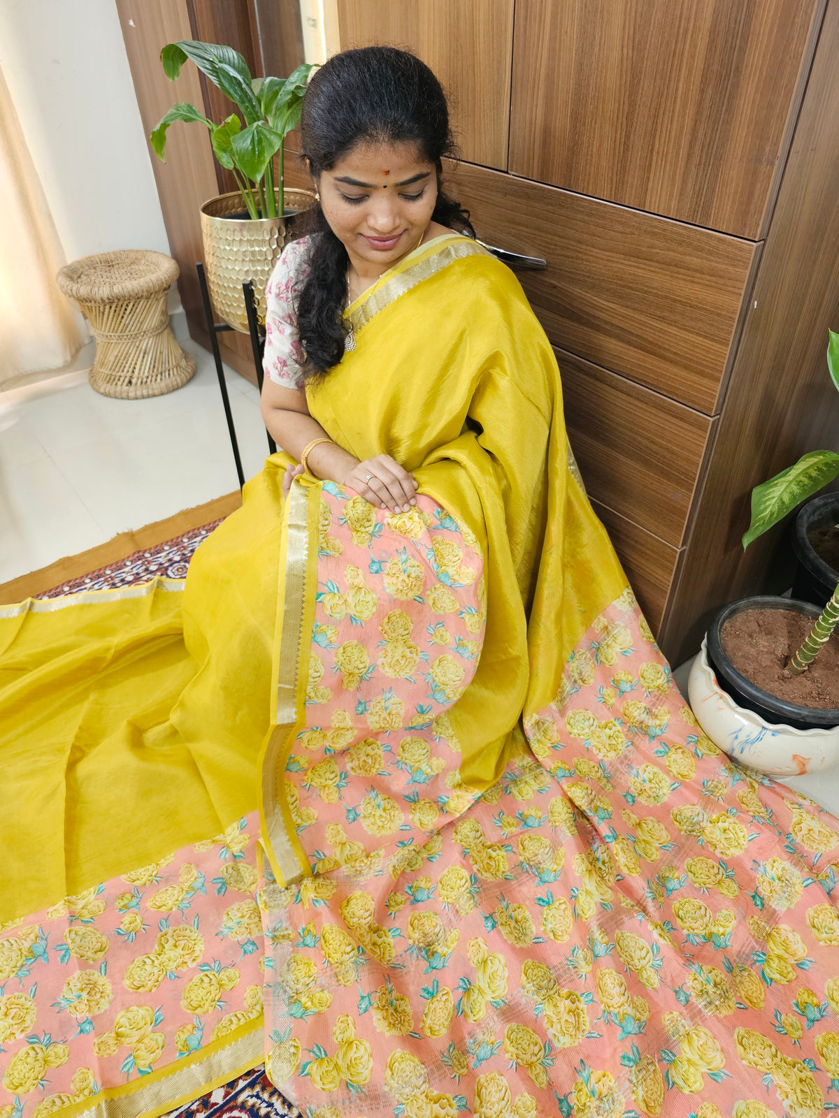 Handwoven Mangalagiri Pattu Saree with Digital Prints  - Mango Yellow with Peach