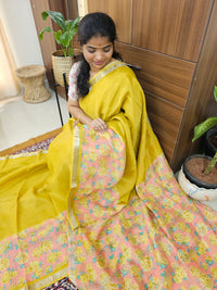Handwoven Mangalagiri Pattu Saree with Digital Prints  - Mango Yellow with Peach