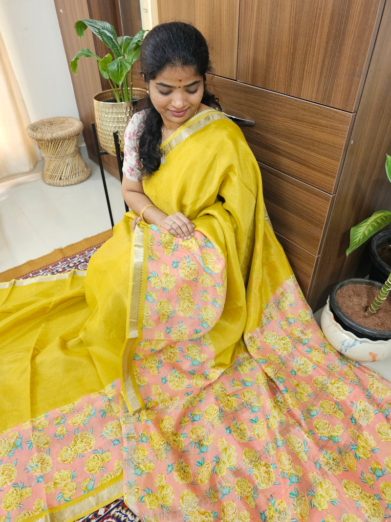 Handwoven Mangalagiri Pattu Saree with Digital Prints  - Mango Yellow with Peach