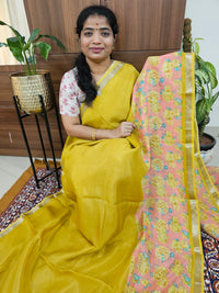 Handwoven Mangalagiri Pattu Saree with Digital Prints  - Mango Yellow with Peach