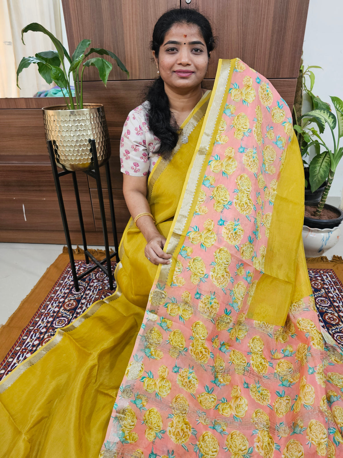 Handwoven Mangalagiri Pattu Saree with Digital Prints  - Mango Yellow with Peach