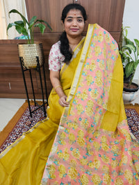 Handwoven Mangalagiri Pattu Saree with Digital Prints  - Mango Yellow with Peach