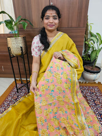 Handwoven Mangalagiri Pattu Saree with Digital Prints  - Mango Yellow with Peach