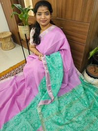 Handwoven Mangalagiri Pattu Saree with Digital Prints  -Pink with Sea Green