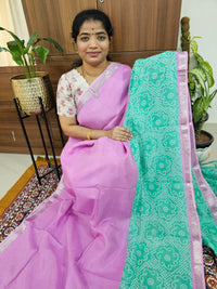 Handwoven Mangalagiri Pattu Saree with Digital Prints  -Pink with Sea Green