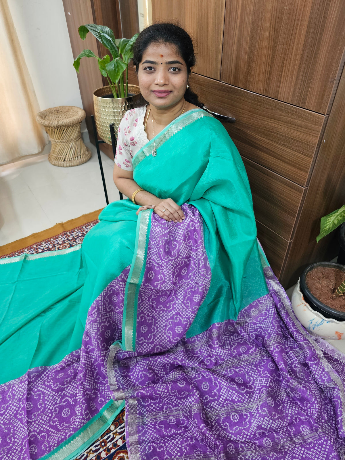 Handwoven Mangalagiri Pattu Saree with Digital Prints  -Sea Green with Lavender