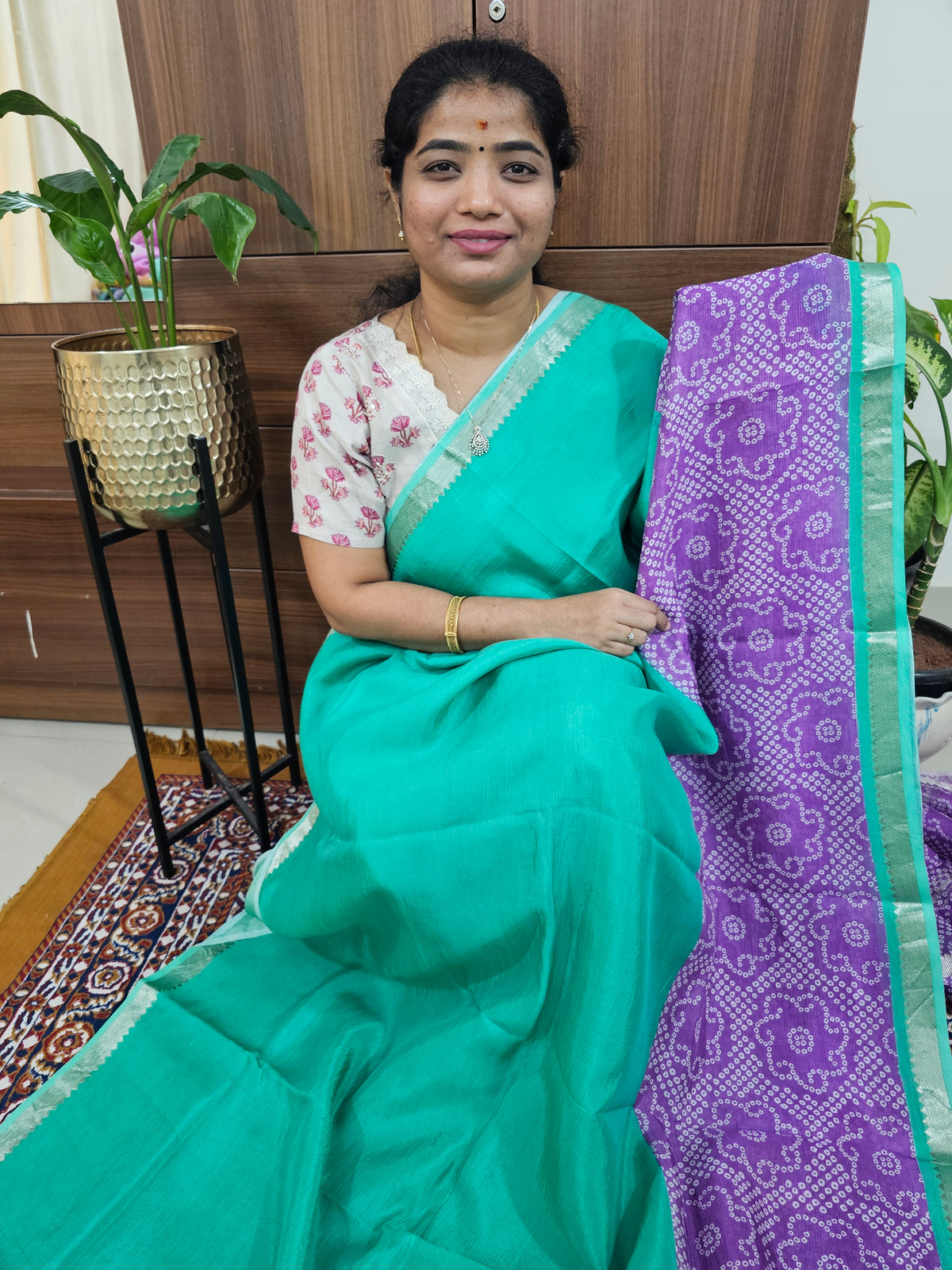 Handwoven Mangalagiri Pattu Saree with Digital Prints  -Sea Green with Lavender