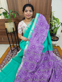 Handwoven Mangalagiri Pattu Saree with Digital Prints  -Sea Green with Lavender