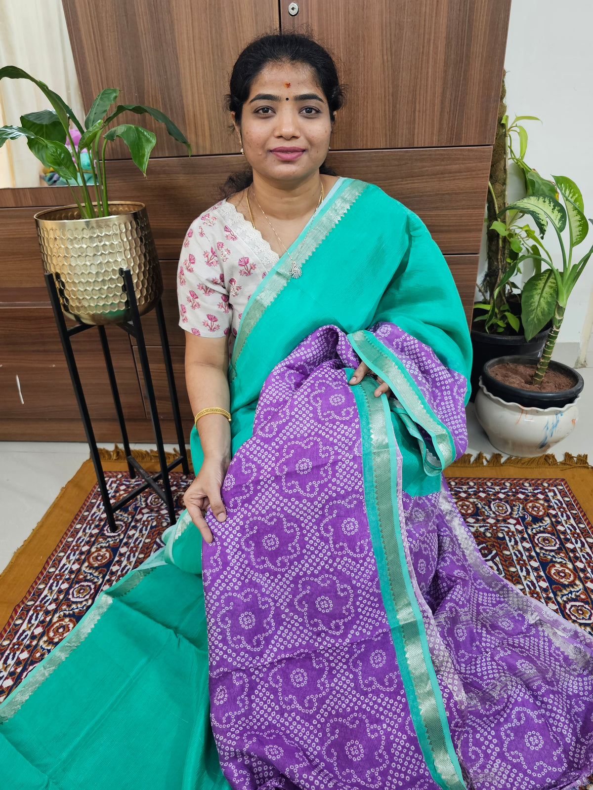 Handwoven Mangalagiri Pattu Saree with Digital Prints  -Sea Green with Lavender