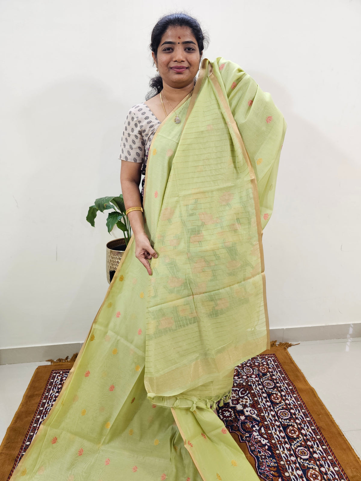 Kota Doria with Jamdani Saree -  Green