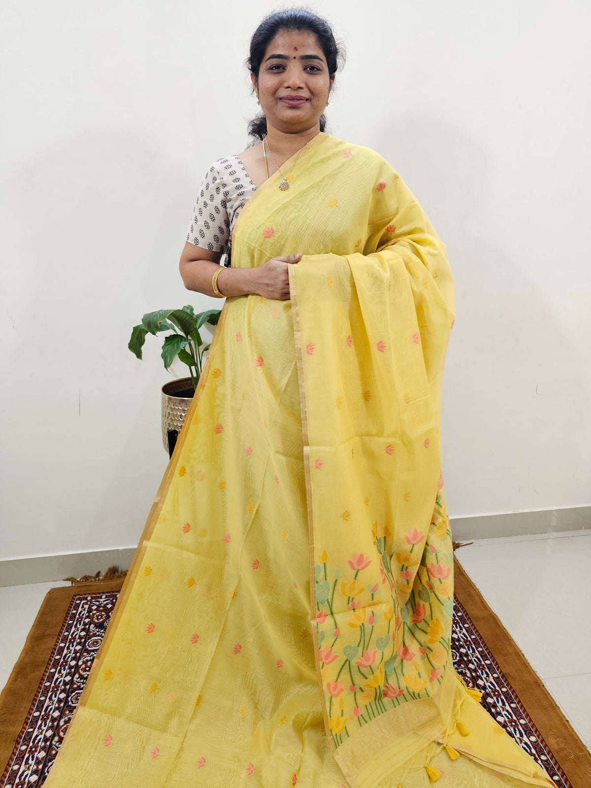 Semi Kota Doria with Jamdani Saree - Yellow