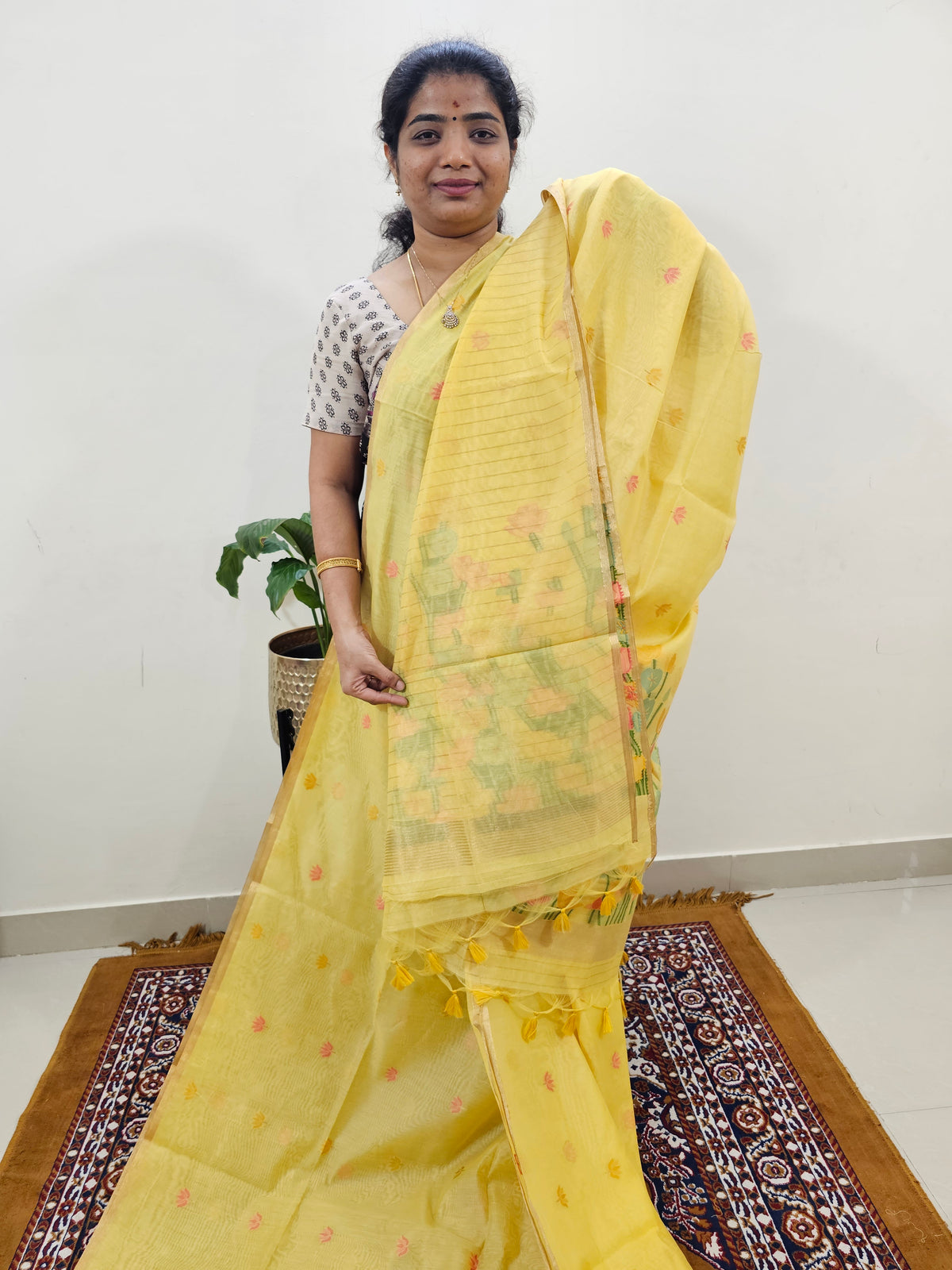 Semi Kota Doria with Jamdani Saree - Yellow