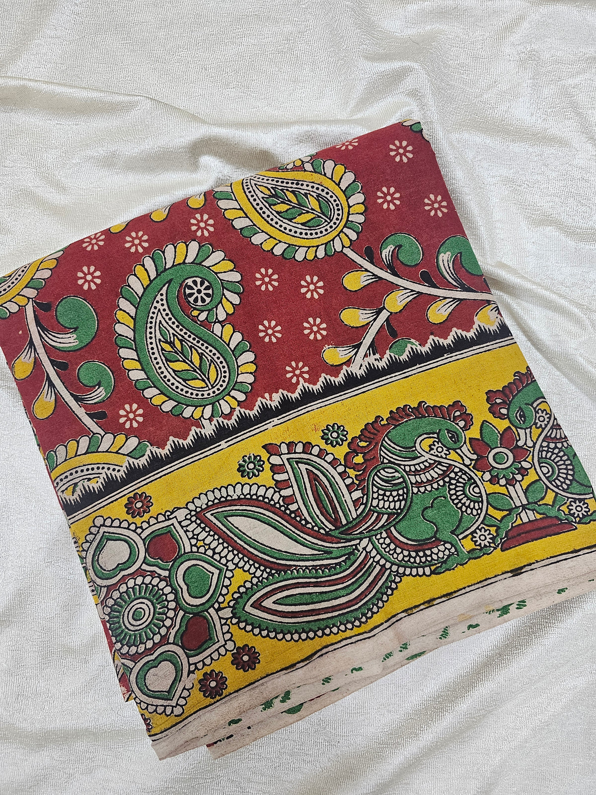 Cotton Kalamkari Saree - Red with Green
