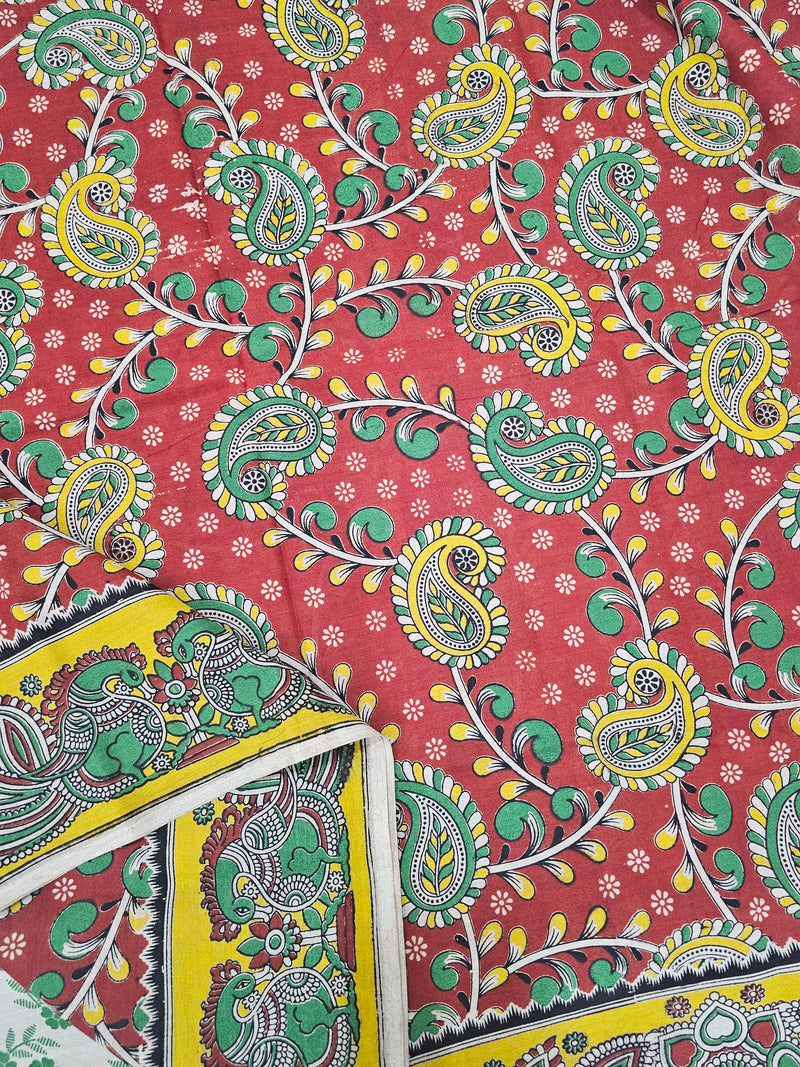 Cotton Kalamkari Saree - Red with Green