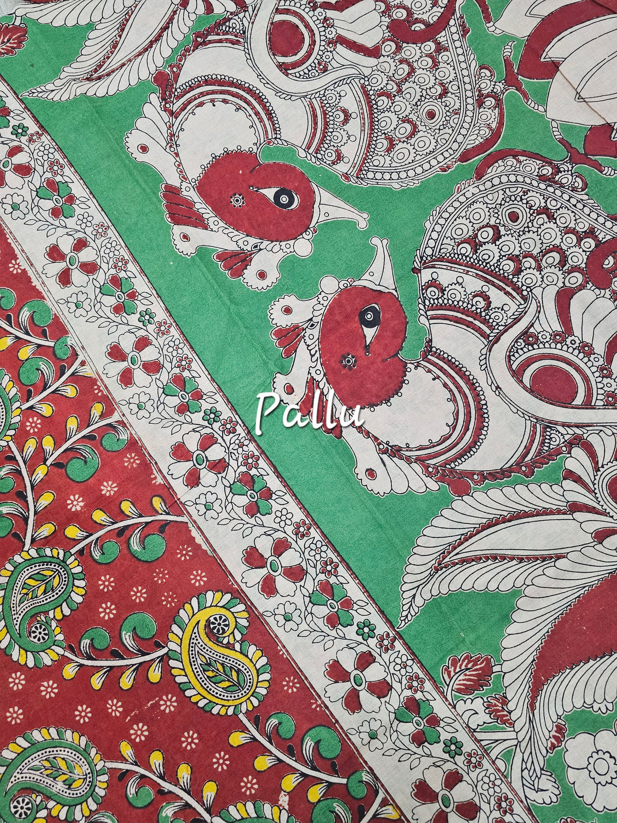 Cotton Kalamkari Saree - Red with Green