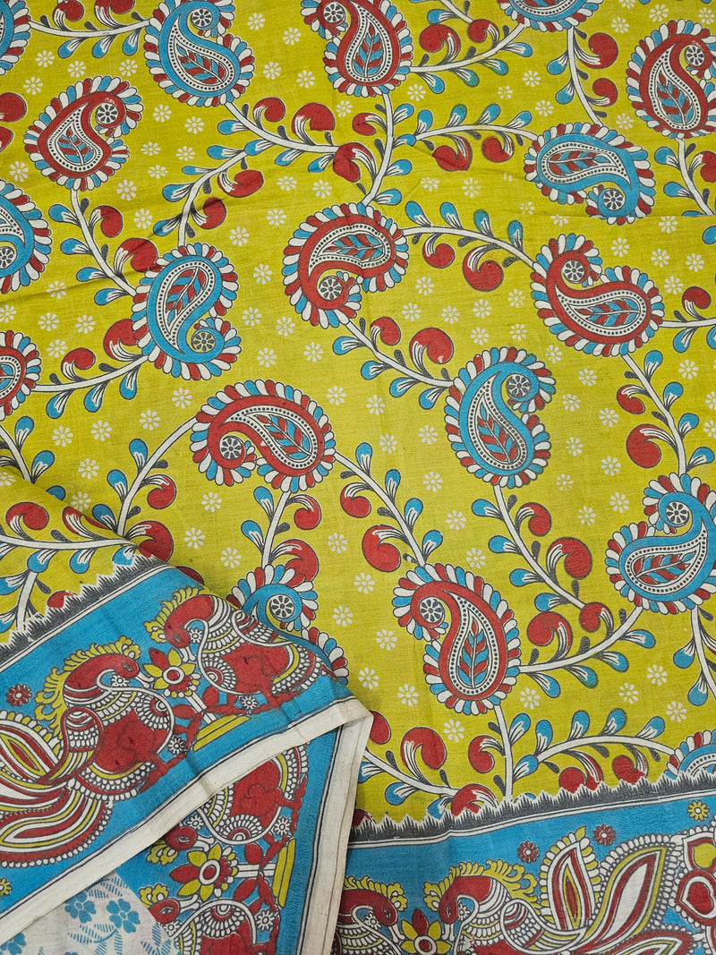 Cotton Kalamkari Saree - Lime Green