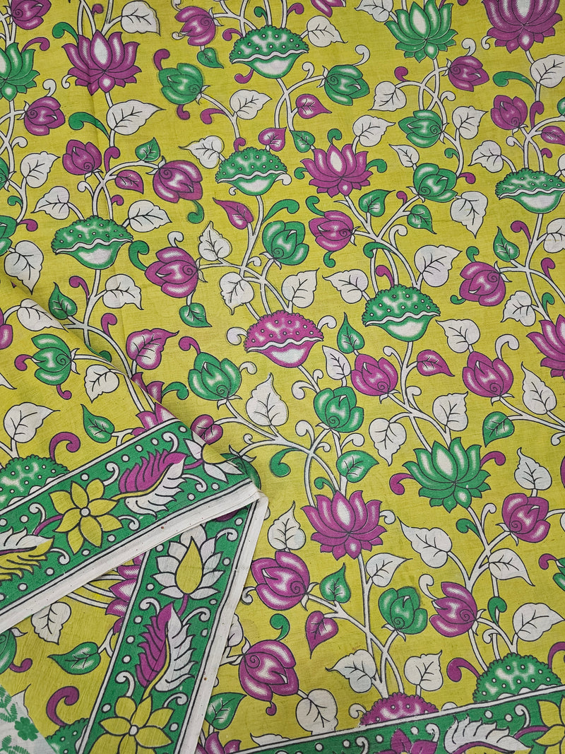 Cotton Kalamkari Saree - Lime Green
