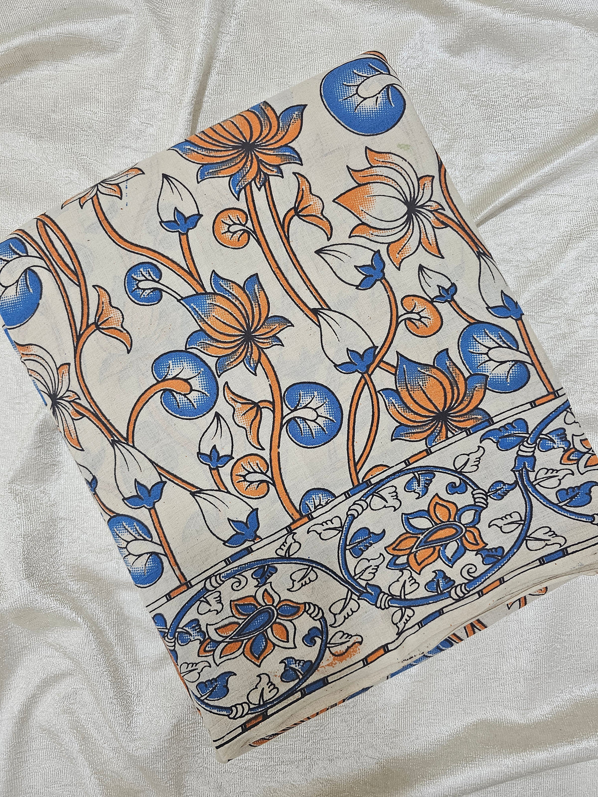 Cotton Kalamkari Saree - Blue with Orange