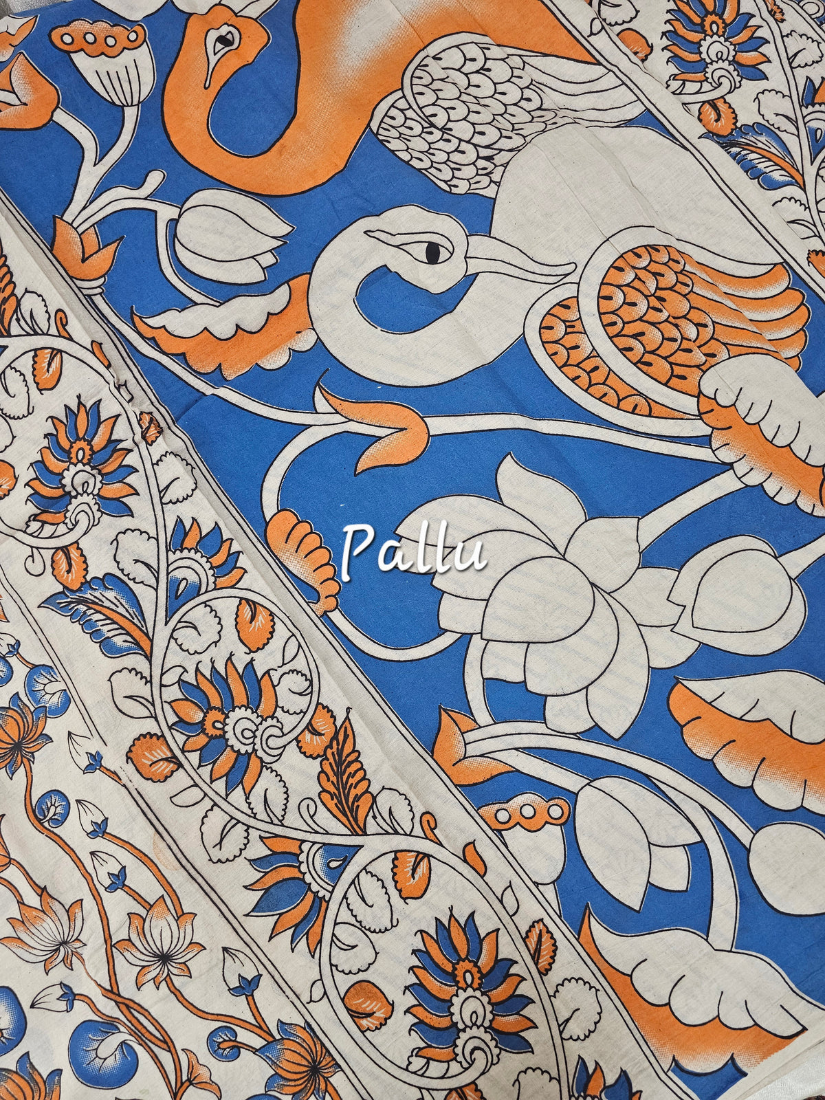 Cotton Kalamkari Saree - Blue with Orange