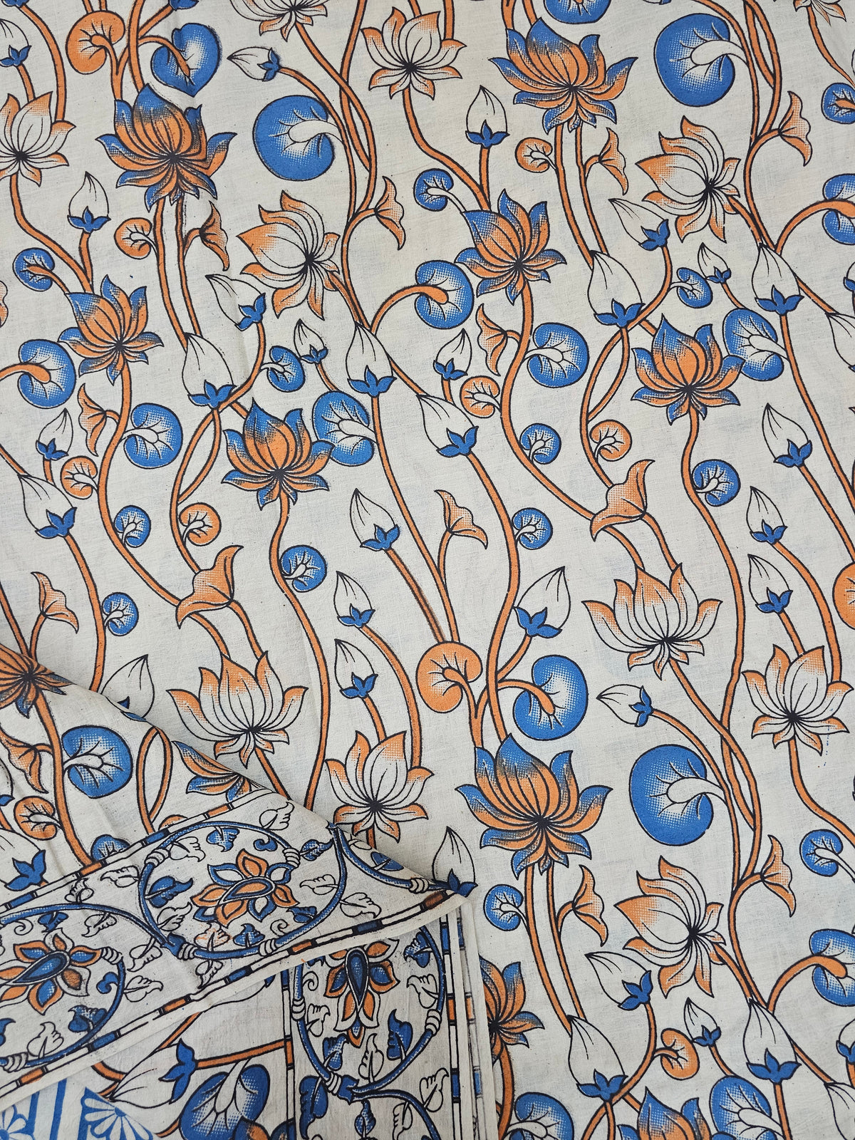 Cotton Kalamkari Saree - Blue with Orange