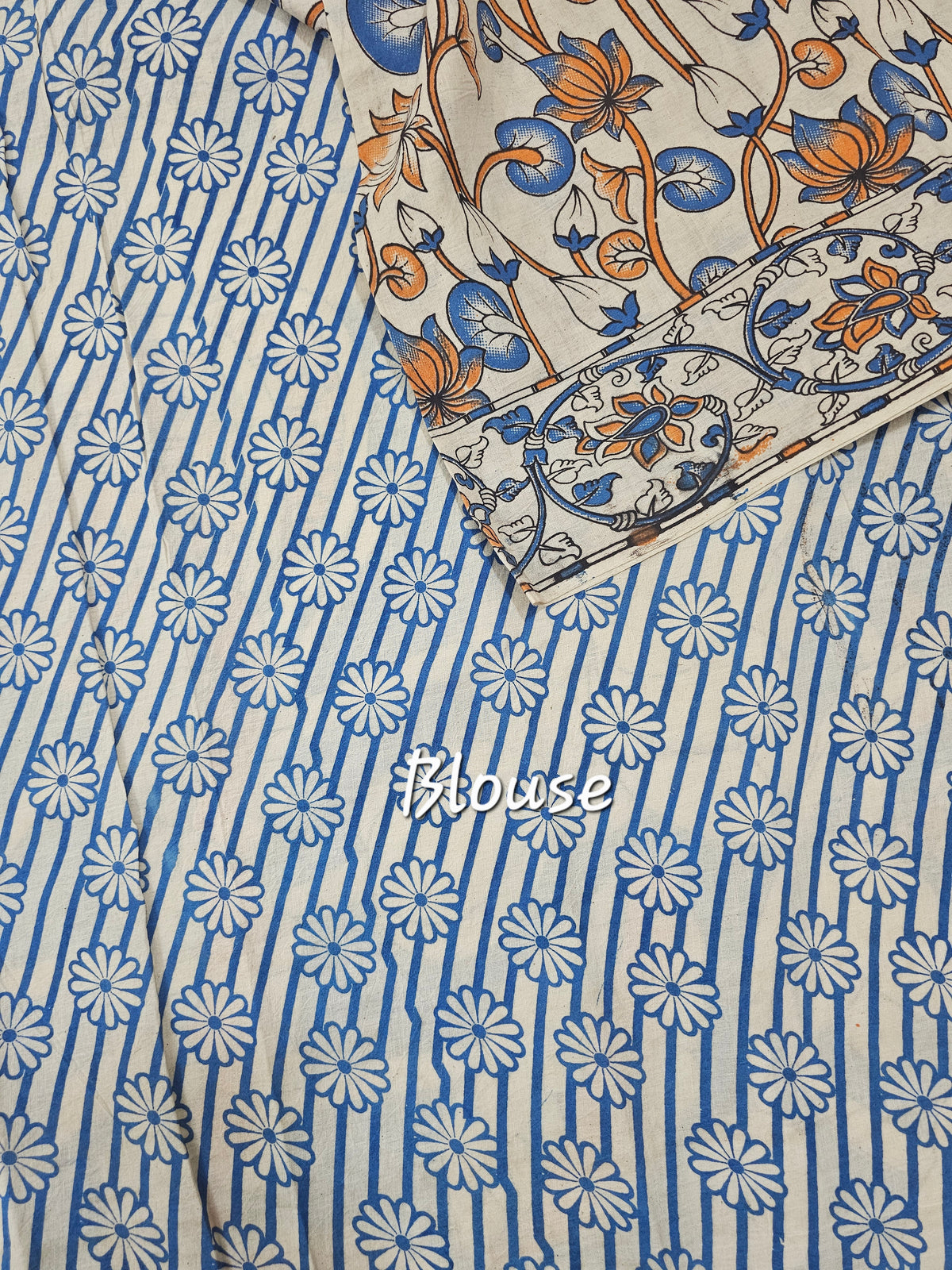 Cotton Kalamkari Saree - Blue with Orange