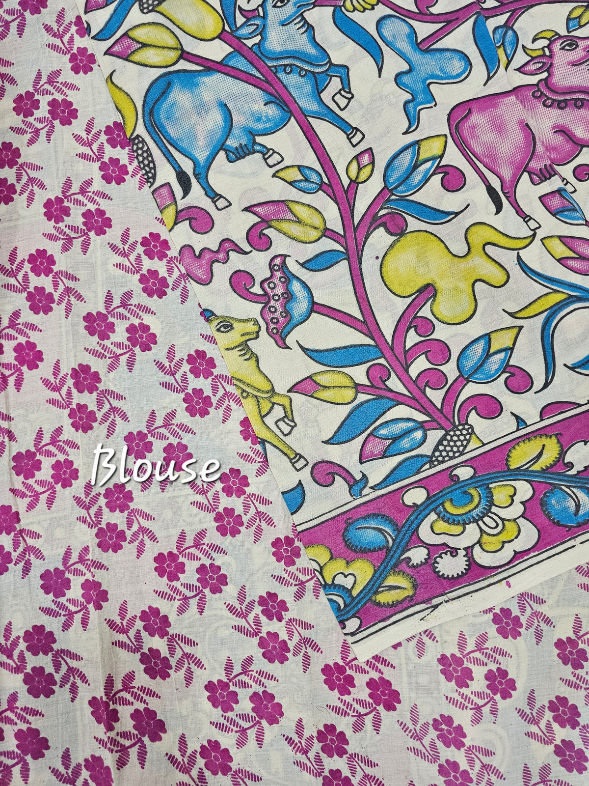Cotton Kalamkari Saree - Pink and Blue