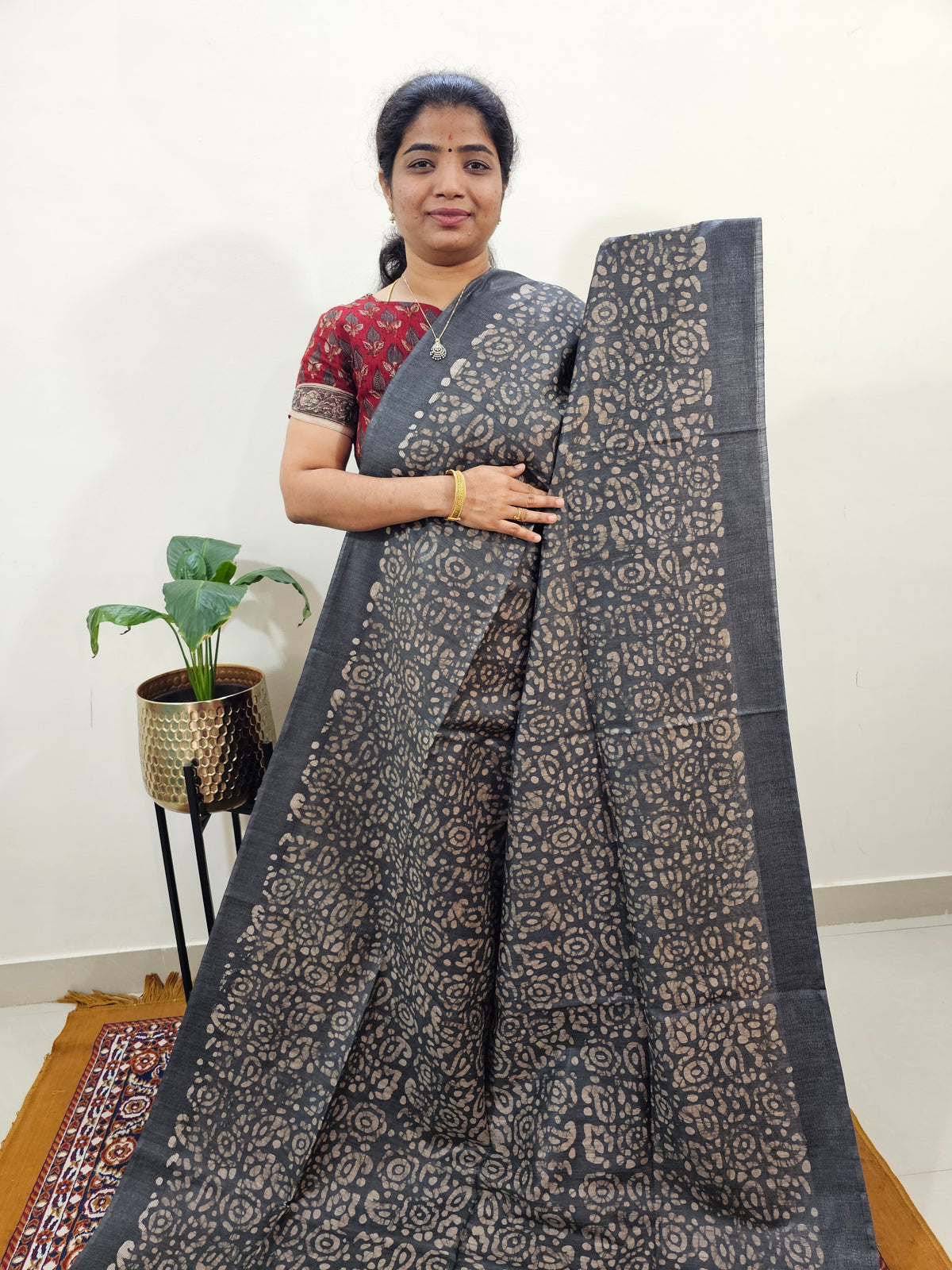 Bhagalpuri with Batik Print - Grey with Peacock Blue
