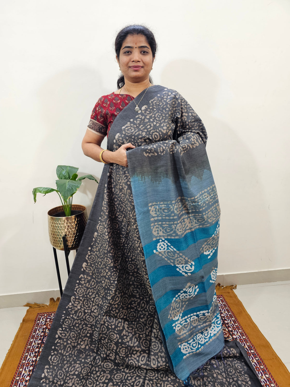 Bhagalpuri with Batik Print - Grey with Peacock Blue