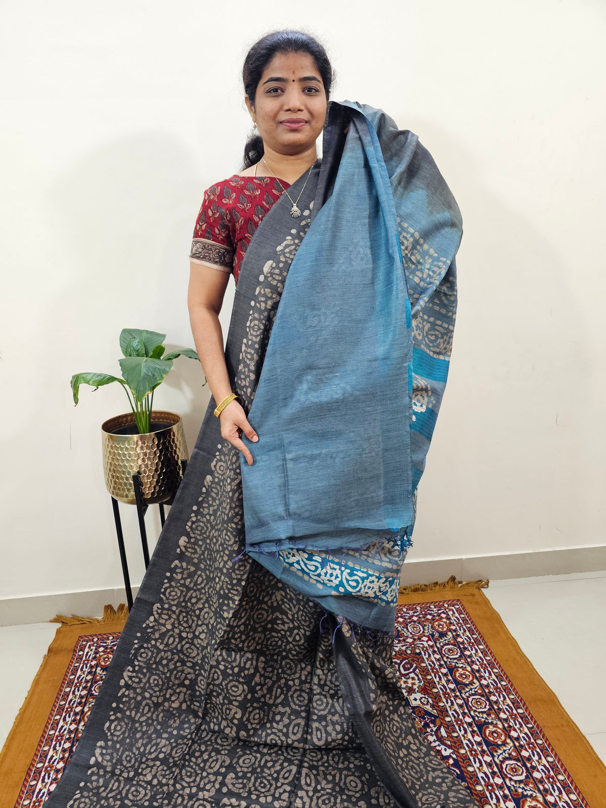 Bhagalpuri with Batik Print - Grey with Peacock Blue