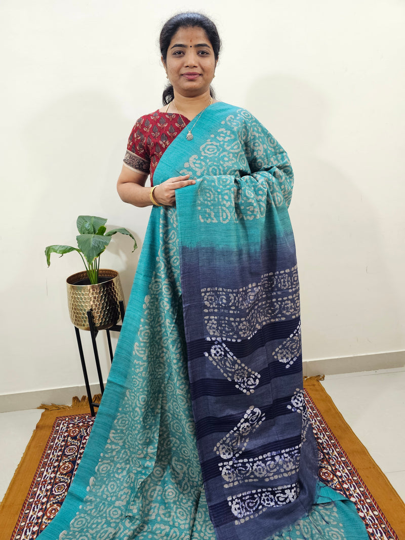 Bhagalpuri with Batik Print - Sea Green with Blue
