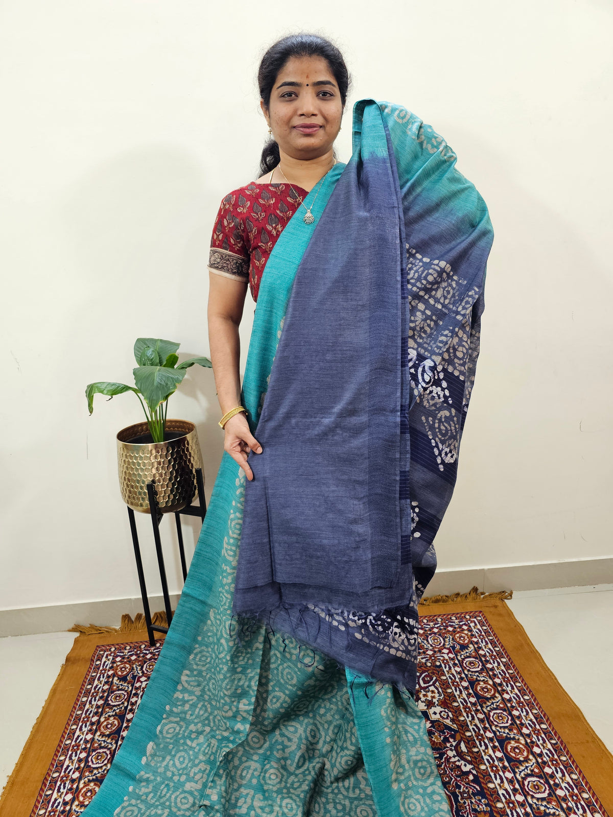 Bhagalpuri with Batik Print - Sea Green with Blue