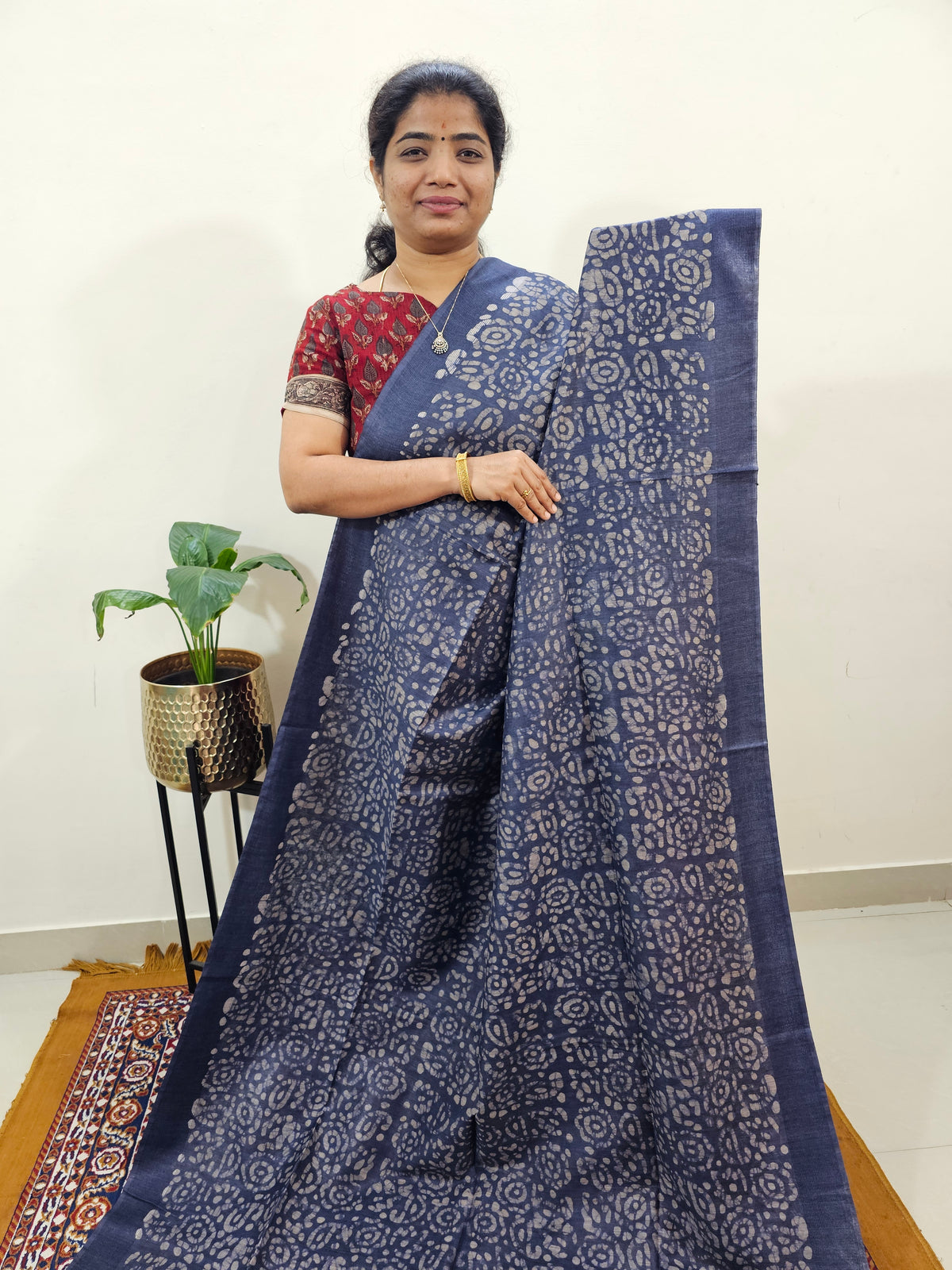 Bhagalpuri with Batik Print - Blue with Pink