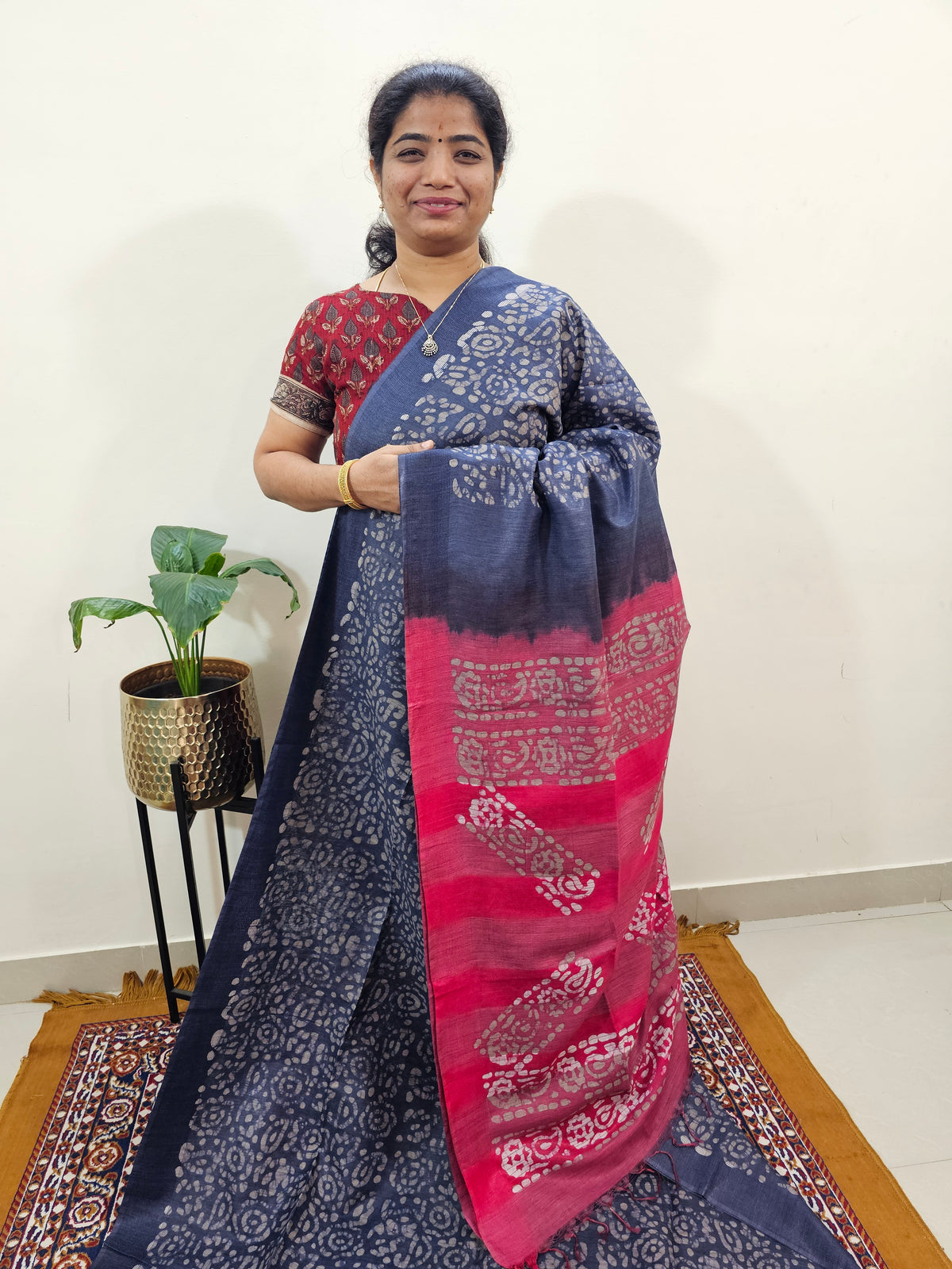 Bhagalpuri with Batik Print - Blue with Pink