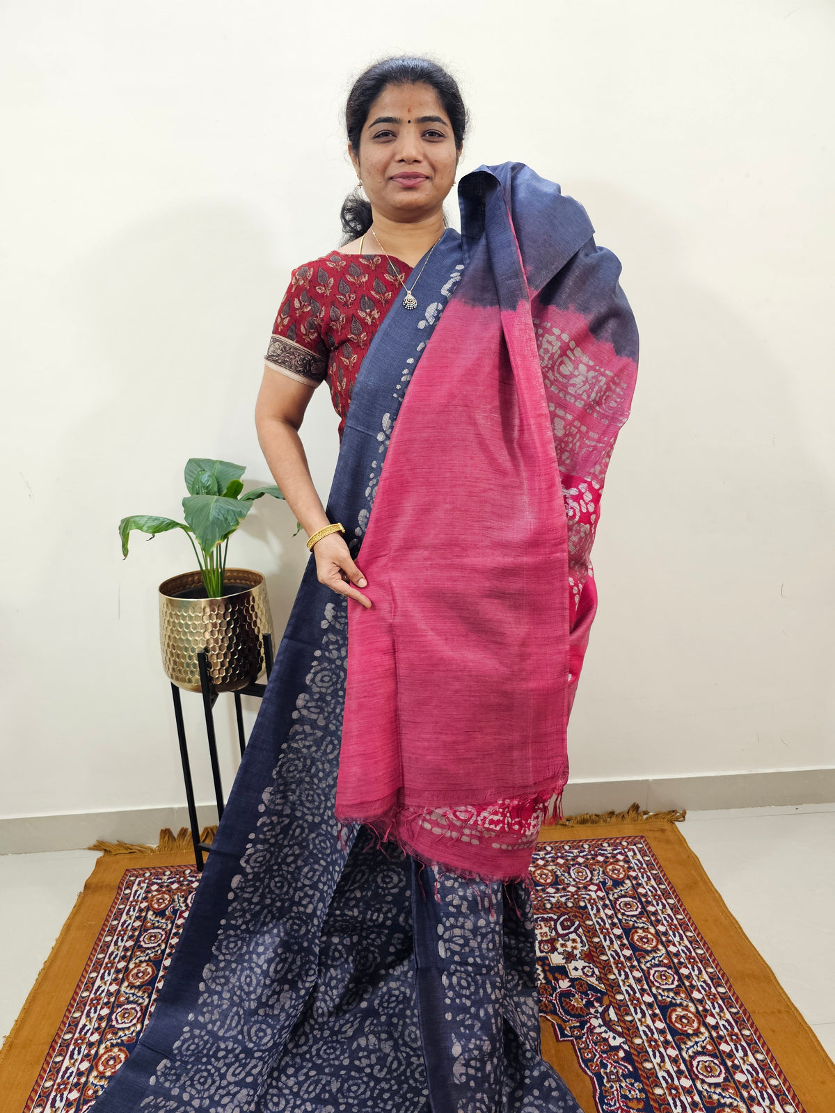 Bhagalpuri with Batik Print - Blue with Pink