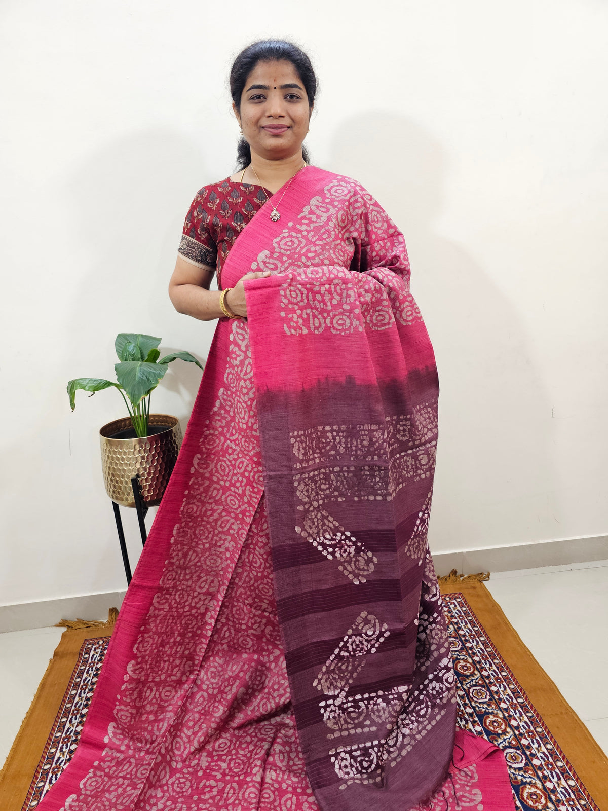 Bhagalpuri with Batik Print - Pink with Maroon