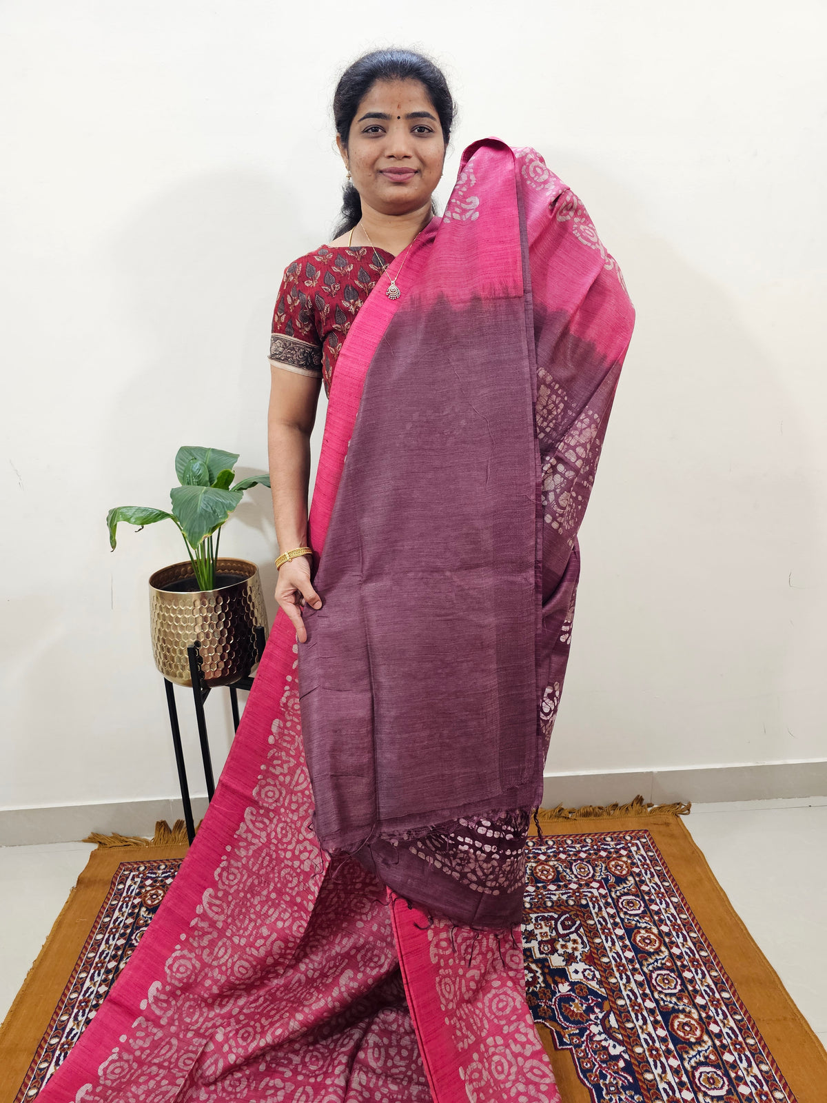 Bhagalpuri with Batik Print - Pink with Maroon