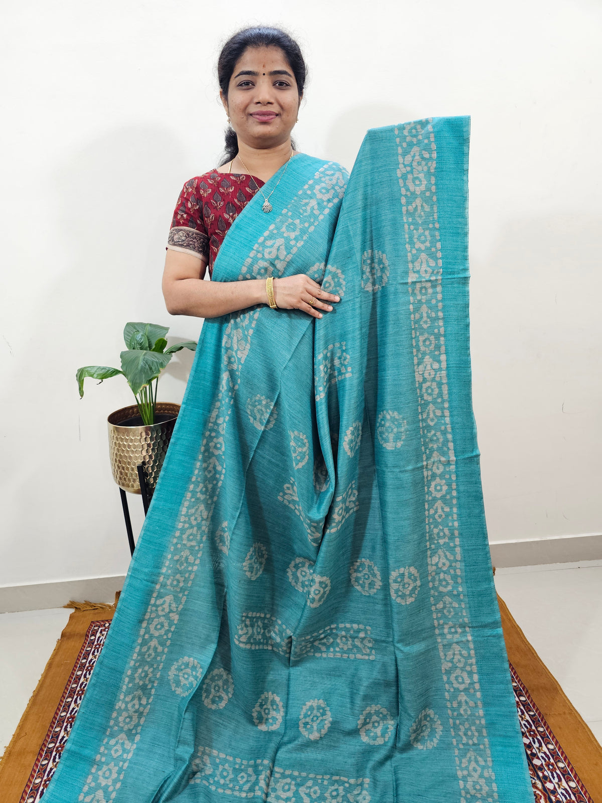 Bhagalpuri with Batik Print - Sea Green with Blue