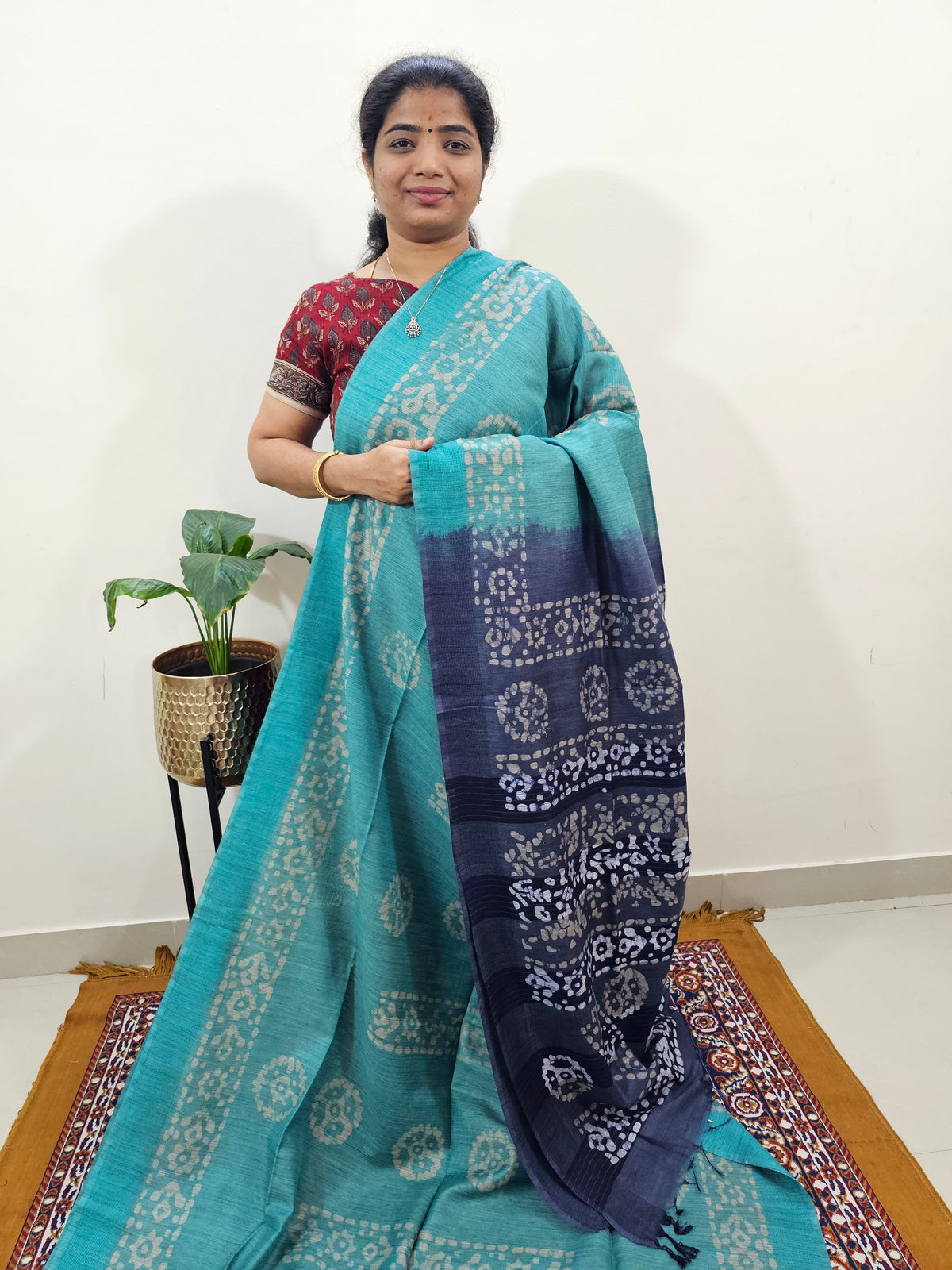 Bhagalpuri with Batik Print - Sea Green with Blue
