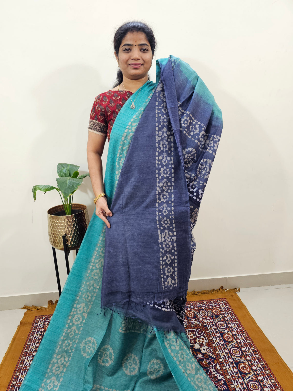 Bhagalpuri with Batik Print - Sea Green with Blue