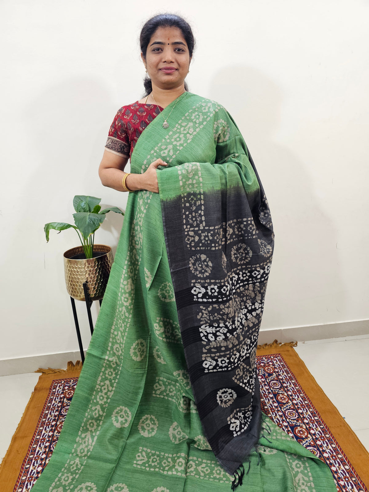 Bhagalpuri with Batik Print - Green with Grey