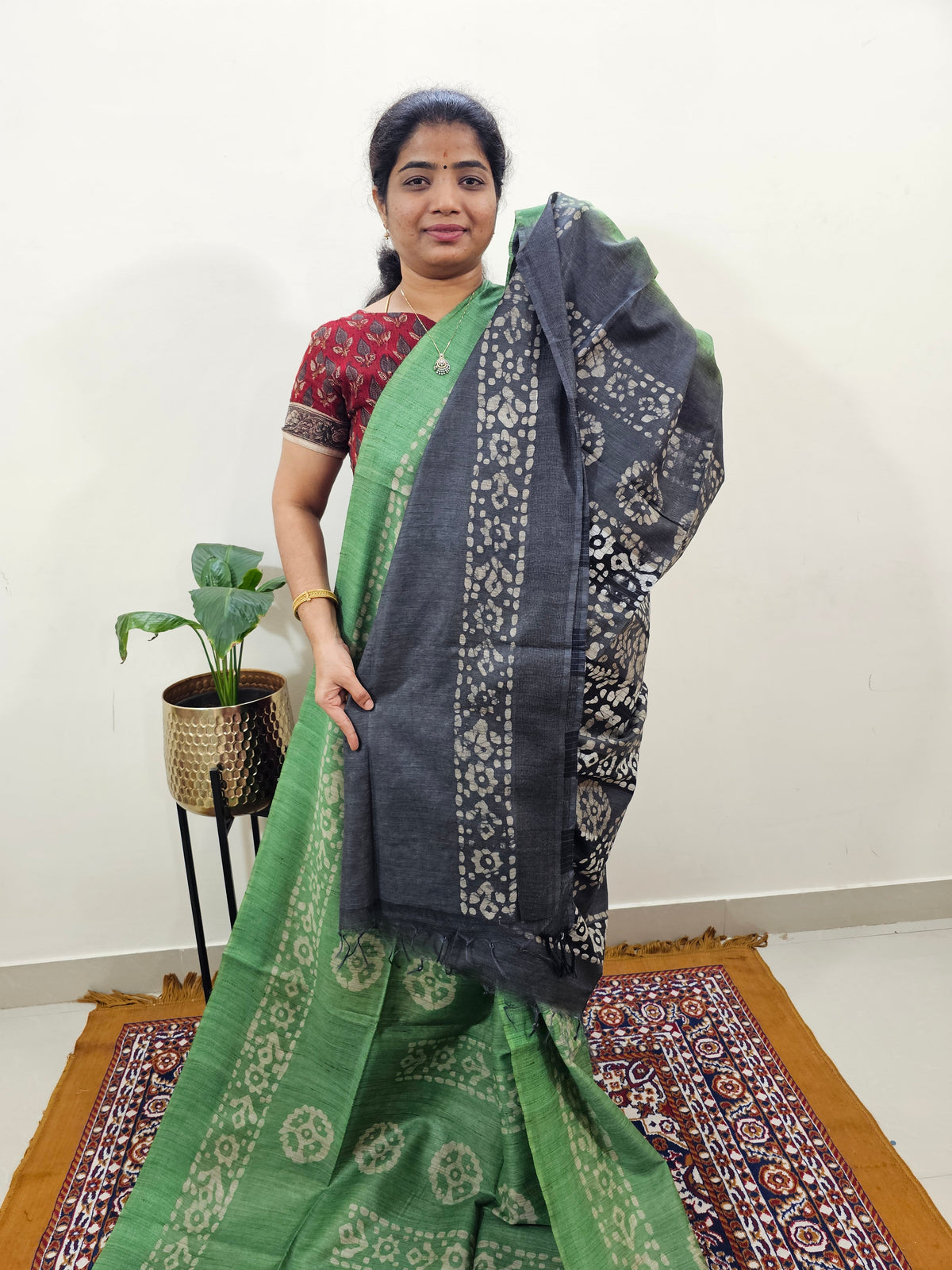 Bhagalpuri with Batik Print - Green with Grey